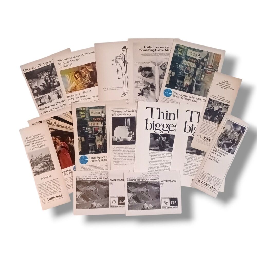 Vintage Airlines Print Ad Lot of 15-1960s-TWA-Panam-Delta-Various Sizes